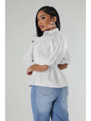 Plain Tie-wrap Ruched Puff Sleeve Blouses