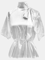 Plain Tie-wrap Ruched Puff Sleeve Blouses