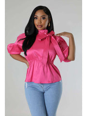 Plain Tie-wrap Ruched Puff Sleeve Blouses