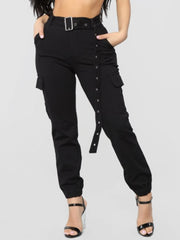 Plain Color Ankle-tied Cargo Pants With Belt