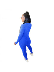 Rib Plain Color Zipper Patchwork Fitted Jumpsuits