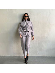 Ruched Stand Collar Long Sleeve Pant Sets