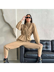 Ruched Stand Collar Long Sleeve Pant Sets