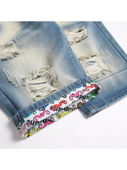 Print Ripped Men's Denim Short Pants