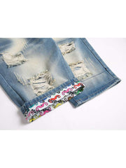 Print Ripped Men's Denim Short Pants