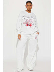 Cherry Bow Letter Printed V Neck Sweatpants Set