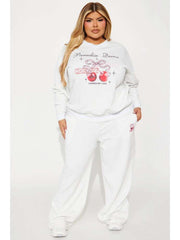 Cherry Bow Letter Printed V Neck Sweatpants Set