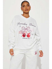 Cherry Bow Letter Printed V Neck Sweatpants Set