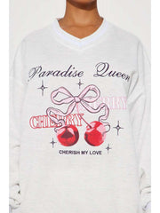 Cherry Bow Letter Printed V Neck Sweatpants Set