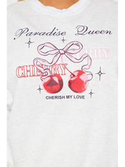 Cherry Bow Letter Printed V Neck Sweatpants Set