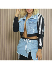 Patchwork Striped Denim Skirt Sets