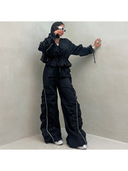 Drawstring Tie-wrap V Neck Cargo Pant Sets