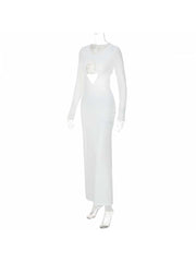 White Hollow-out Ruched Long Sleeve Maxi Dress