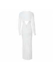 White Hollow-out Ruched Long Sleeve Maxi Dress