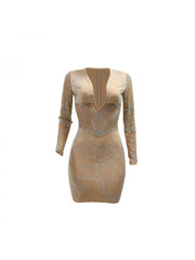 Hotfix Rhinestones V Neck Long Sleeve Fall Dress