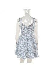 Floral Print Smocking A-line Sleeveless Mini Dress