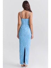 Embroidery Split Hem Backless Maxi Dress