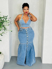 Denim Metal Halter Tube Buckle Skirt Sets