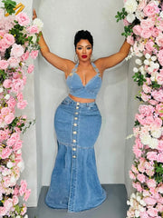 Denim Metal Halter Tube Buckle Skirt Sets