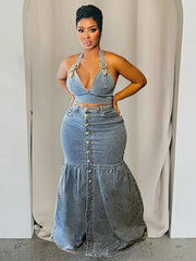 Denim Metal Halter Tube Buckle Skirt Sets