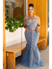 Denim Metal Halter Tube Buckle Skirt Sets