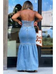 Denim Metal Halter Tube Buckle Skirt Sets