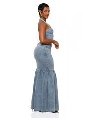 Denim Metal Halter Tube Buckle Skirt Sets