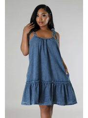 Washed Denim Lace Up Sleeveless Mini Dress