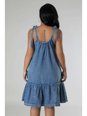 Washed Denim Lace Up Sleeveless Mini Dress