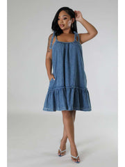 Washed Denim Lace Up Sleeveless Mini Dress