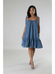 Washed Denim Lace Up Sleeveless Mini Dress