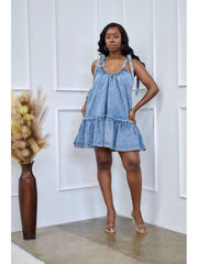 Washed Denim Lace Up Sleeveless Mini Dress