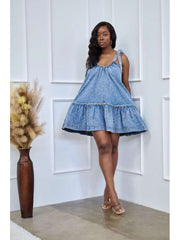 Washed Denim Lace Up Sleeveless Mini Dress