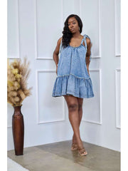 Washed Denim Lace Up Sleeveless Mini Dress