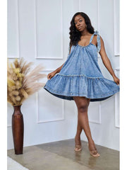 Washed Denim Lace Up Sleeveless Mini Dress