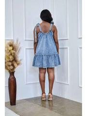 Washed Denim Lace Up Sleeveless Mini Dress