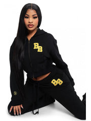 Letter Embroidery Loose Zipper Hooded Pant Sets