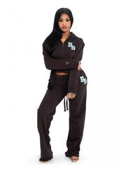 Letter Embroidery Loose Zipper Hooded Pant Sets