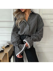 Lace Panel Polka Dots Trumpet Sleeve Blouses