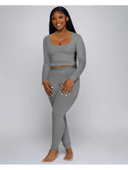 Ribbed Plain Color U Neck Fitted Pant Sets