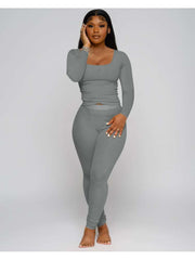 Ribbed Plain Color U Neck Fitted Pant Sets