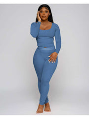 Ribbed Plain Color U Neck Fitted Pant Sets