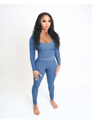 Ribbed Plain Color U Neck Fitted Pant Sets