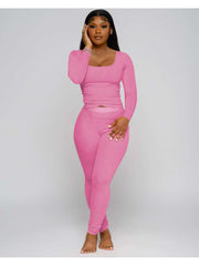 Ribbed Plain Color U Neck Fitted Pant Sets