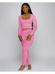 Ribbed Plain Color U Neck Fitted Pant Sets