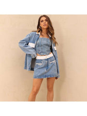 Patchwork Long Sleeve Denim Jacket And Skirt Sets