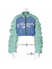 Colorblock Zipper Puff Sleeve Cropped Jackets