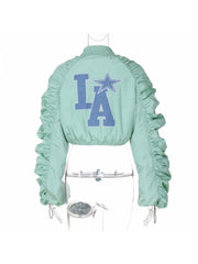 Colorblock Zipper Puff Sleeve Cropped Jackets