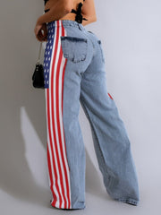 Stars And Stripes Trim Denim Wide Leg Jeans