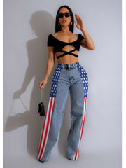 Stars And Stripes Trim Denim Wide Leg Jeans